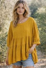 Free People Mustard Yellow Oversized Gauze Cotton Boho Tunic Top Medium‎ Photo 0