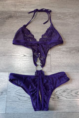 Avidlove Purple Lace Mesh Halter Teddy Bodysuit O-Ring‎ Detail Small Photo 0