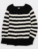 Aerie Bistro Sweater‎ Womens Large Black White Striped Oversized Knit Scoop Neck Photo 0