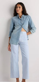 QUINCE Bella Stretch Patch Pocket Wide Leg Jeans in Railroad Stripe Size 29 NEW Photo 0