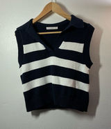 Moon & Madison Navy & White Striped Collared V‑Neck Knit Sleeveless Sweater Photo 0