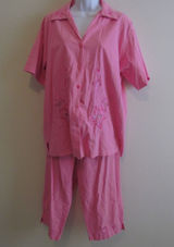Vintage 90s Cotton Pajama Set‎ XXXL Pink Cotton Floral Embroidered Button Up Photo 0