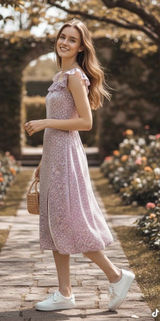 J.ING Lavender Floral Midi Dress Ruffle Sleeve Side Slit Size XS NWT Photo 0