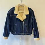 PacSun Denim Sherpa Lined Biker Jacket Dark Wash Faux Fur Moto Coat M/L Photo 0