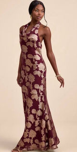 Lulus Zafira Burgundy And Gold Burnout Cowl Halter Maxi Dress Red - Size L Photo 0