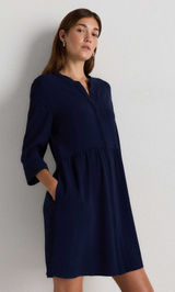 Quince Stretch Crepe Shirt Dress Textured Navy Blue Drop Waist Pocketed Small Photo 0