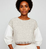 Zara Tweed Fringe Boxy Crop Top White Black Check Balloon‎ Sleeve Blouse XL New Photo 0