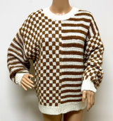 NWOT Blu Pepper Cream & Brown Checkerboard & Striped Sweater Sz S Puffed Sleeve Photo 0