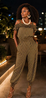 RW&A Rwanda Clothing Women Olive Striped Cold Shoulder Smocked Waist Jumpsuit Photo 0