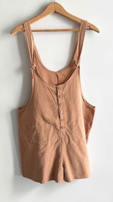 Linen Blend Button Front Romper Tan Sleeveless Overall Shorts Medium‎ Orange Photo 0