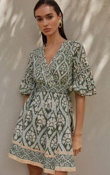 Anthropologie‎ Ash Eden Women 100% Cotton Mini Wrap Dress XS Green Cottage Party Photo 0