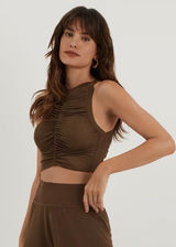 ViX Paula Hermanny Sia Top Brown Ruched Mesh High Neck Crop Top VH252148 Small Photo 0
