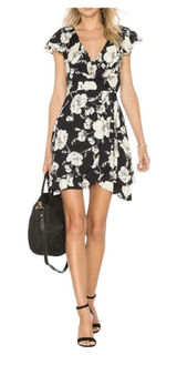 Free People Floral Wrap Mini Dress Womens Size Small Black White Ruffle Flutter Photo 0