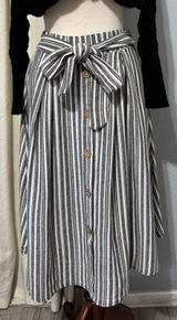 See You Monday Linen Blend Striped Midi Skirt‎ Size L Black White Nautical Cottagecore Modest Photo 0