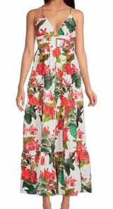 Gianni Bini Maxi Dress Size 6 White Floral Tropical Tiered Cotton Boho Vacation‎ Photo 0