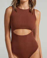 Showpo Brown Sleeveless‎ Ribbed Bodysuit Cutout Womens Size US 6 Photo 0