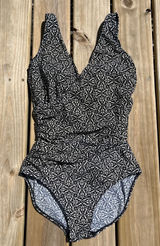 L.L. Bean Swimsuit One Piece Black White Wrap Slimming V Neck 14 Long Photo 0