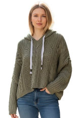 Pol Oversize Olive Green Chunky Knit Olive Sweater with Hoodie and Ties. Nubby Photo 0