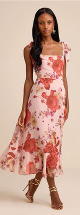 LULU’S Summer Invite Blush Pink Floral Tie-Strap Tiered Midi Dress Photo 0
