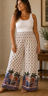 Love Wish Womens Large Wide Leg Tropical‎ Border Print Rayon Elastic Waist Pants Photo 0