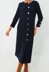Tuckernuck Barnett Dress Womens Small Navy Blue Gold Turn-Lock Midi Sheath Work Photo 0