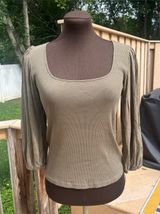 Sanctuary Olive Square Neck Ribbed Knit 3/4 Puff Sleeve Top Size S Fairy Boho Photo 0