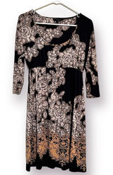 Soma Women’s Round Neck 3/4 Sleeve Knee Length Dress Small Black Cream Floral Photo 0