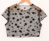 Velvet Star Sheer Mesh Crop Top Womens Size S Black‎ Celestial Indie Sleeze Goth Photo 0