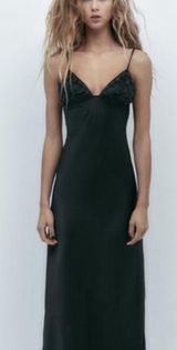 Zara beaded Y2K date night party festival black v sequin neck satin midi sz xs Photo 0