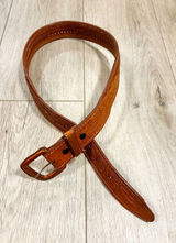 Vintage Tan Floral Tooled Leather Western Belt Woven Detail Size 32 Photo 0