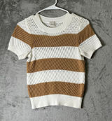 Maeve Open Stitch Mesh Sweater Women's XXS Tan Cream Striped Short Sleeve Knit Photo 0