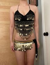 Dolls Kill cute sexy belly dancer backless dangling fringe coin chiffon gold Halloween costume Photo 0