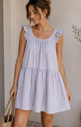 Apiece Apart XL Blue Stripe Baby Doll Ruffle Poplin Coastal‎ Mini Dress Cotton Photo 0