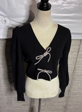 Express Womens Black Rhinestone Bow Cropped Cardigan Puff Sleeve Sweater XS NEW Photo 0