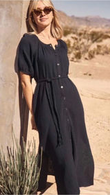 Marine Layer Erin Shirt Dress M Black Cotton Gauze Button Front Midi Puff Sleeve Photo 0