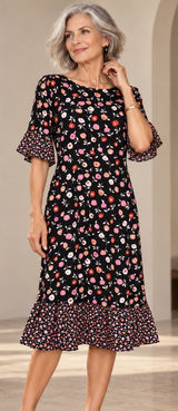 Talbots Womens Black Pink Floral Mixed Print Ruffle Hem Bell Sleeve Midi Dress 6 Photo 0