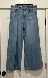 American Eagle Super High Rise Baggy Wide Leg Jeans Blue Raw Hem Size 12 Regular Photo 0