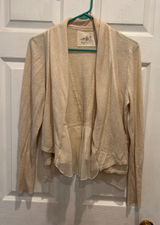 Angel of the North Beige Knit Cardigan‎ Sheer Ruffle Trim Open Front Women's L Photo 0