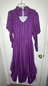 VTG 80s Handmade Purple Pleated Maxi Dress Lace Trim Puff Sleeve Victorian Gown Photo 0