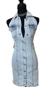 Y2K Forever 21 Light Blue Denim Halter Mini Dress Size XS Casual Cool Girl Photo 0