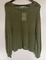 Zara Women Olive Green Open Knit Sweater Metallic Crochet Crew Neck 3859/005 M Photo 0