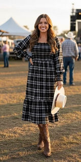 Lucky Brand Black Plaid Smocked Midi Dress‎ Grunge Cottagecore Long Sleeve NWT Photo 0
