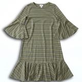 LuLaRoe Carly Dress XXS Green Grey Striped Bell Sleeve Ruffle Hem New With Tags Photo 0