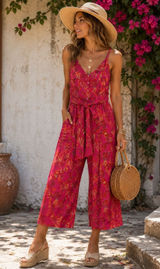 Free People Hot Tropics Jumpsuit Pink Palm Print Wide Leg Tie Front Boho Size 4 Photo 0