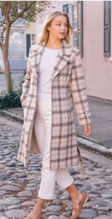 Gal Meets Glam Brown Ivory Plaid Women's Coat with Faux Fur Collar Photo 0