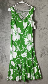 Vintage Tropical Hibiscus Floral Midi Dress Green White Resort Vacation S New Photo 0