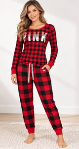 PINK Victoria's Secret Sleep Set Waffle Knit Women M Red Black Buffalo Plaid Photo 0