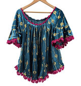 Blouse Womens M Boho Velvet Teal Gold Foil Crochet Trim EUC Photo 0