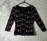 Vintage Y2K Black Pink Rose Floral Mesh V Neck Long Sleeve Top Fairy Grunge S Photo 0