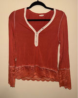 POL Womens Boho Lace Trim Henley Top Terracotta Orange Long Sleeve S Goblincore Photo 0